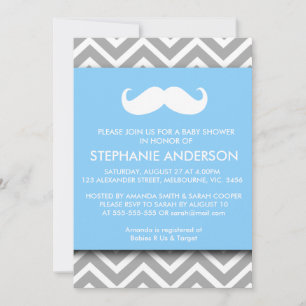 Lemon gold grey chevron moustache baby boy shower invitation
