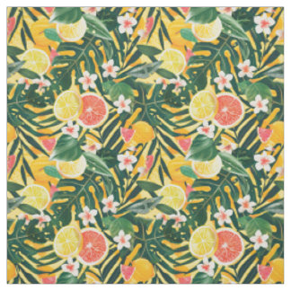 Lemon Grapefruit Monstera & Hibiscus Flowers Fabric