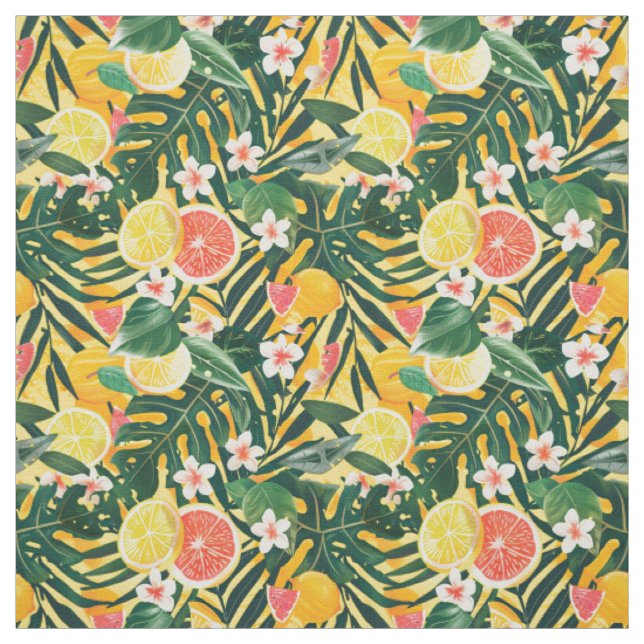 Lemon Grapefruit Monstera & Hibiscus Flowers Fabric (Swatch)