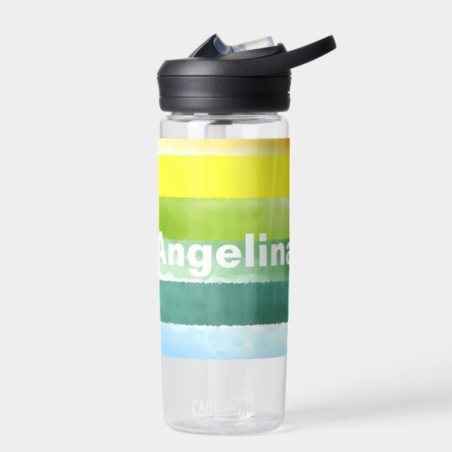 Lemon green blue stripes watercolor name school water bottle (Left)
