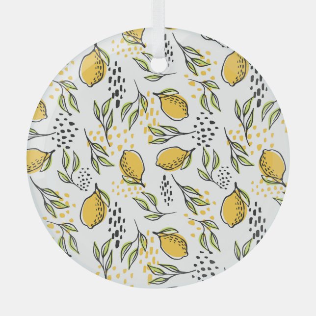Lemon, green branches: abstract pattern. glass ornament (Front)