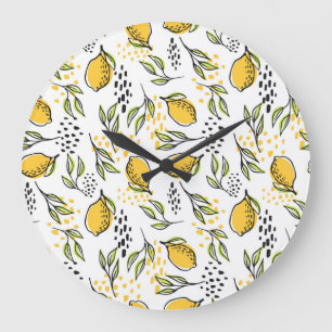 Lemon, green branches: abstract pattern. large clock