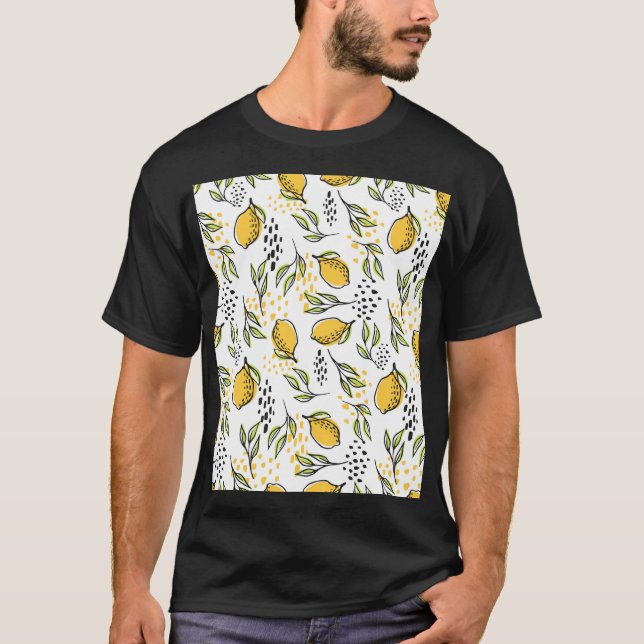 Lemon, green branches: abstract pattern. T-Shirt (Front)