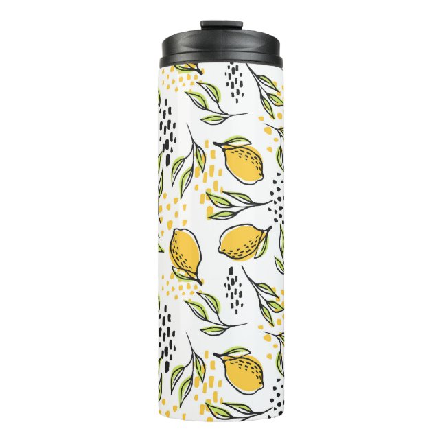 Lemon, green branches: abstract pattern. thermal tumbler (Front)