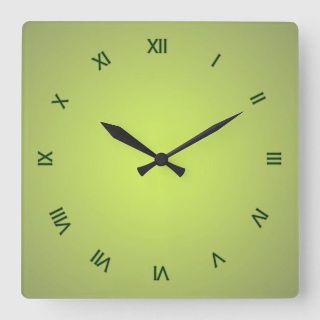 Lemon Green Dark Green Roman Numerals Square Wall Clock (Front)