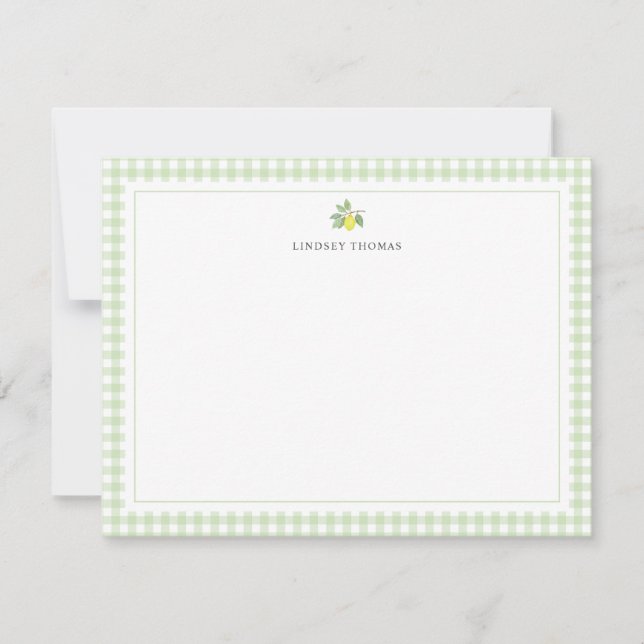 Lemon Green Gingham Border Personalized Card (Front)