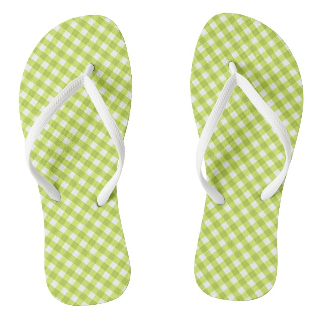Lemon Green Gingham Design Flip Flops (Footbed)