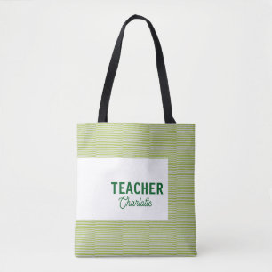 Lemon green white stripes teacher professor name c tote bag