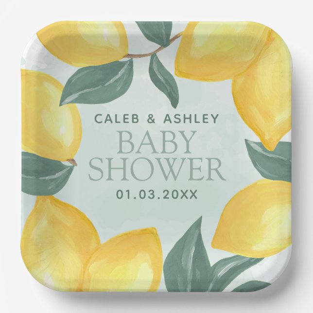 Lemon Greenery Baby Shower Paper Plates (Front)
