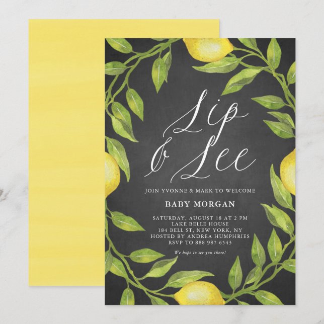 Lemon Greenery Chalkboard Sip & See Baby Shower Invitation (Front/Back)