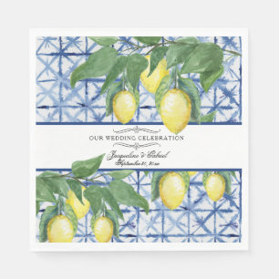 Lemon Greenery Floral Blue White Elegant Wedding  Napkin