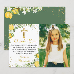 Lemon Greenery Gold Cross First Communion Photo Thank You Card