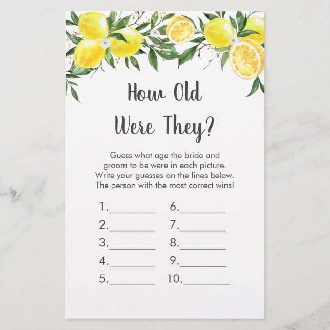 Lemon Greenery Gold How Old Were They Bridal Game (Front)