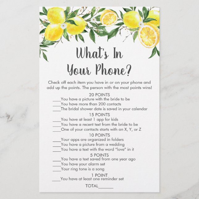 Lemon Greenery Gold What's In Your Phone Game (Front)