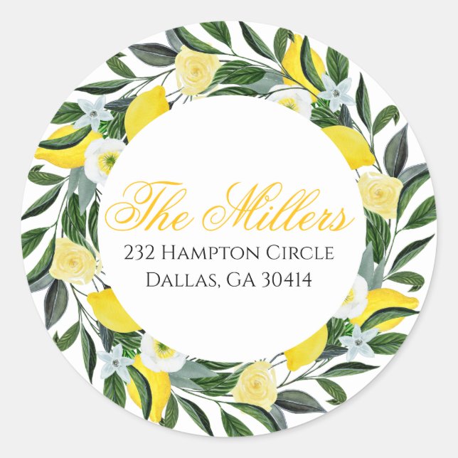 Lemon Greenery Return Address  Classic Round Sticker (Front)