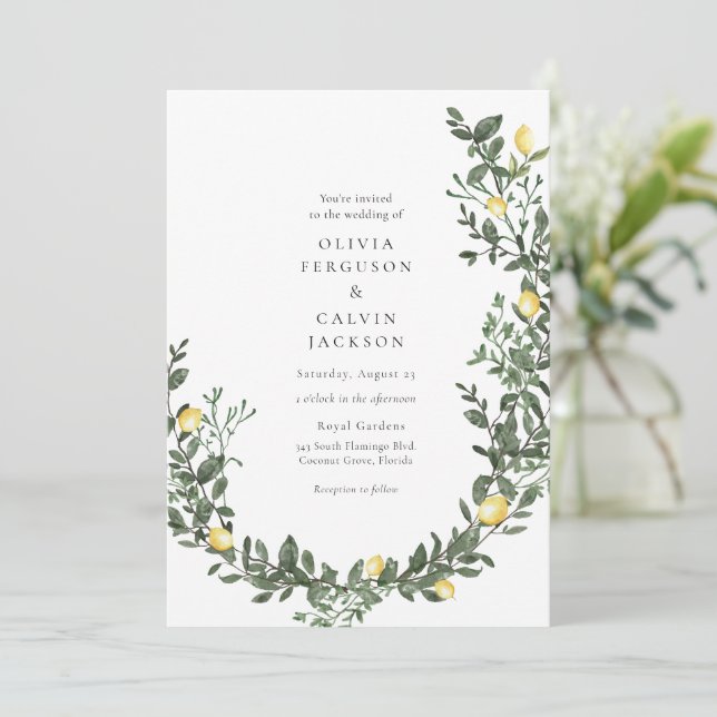 Lemon Greenery Vines Wedding Invitation (Standing Front)