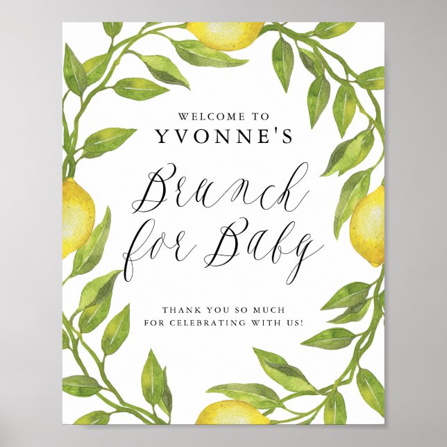 Lemon Greenery Wreath Baby Shower Brunch Welcome Poster (Front)