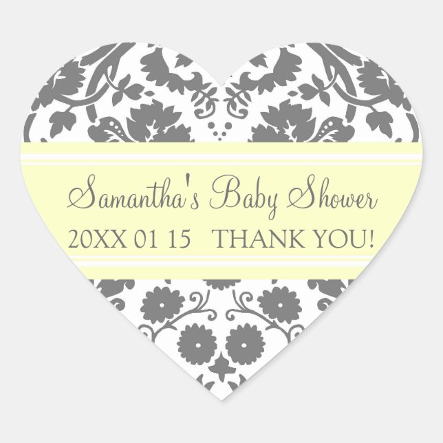 Lemon Grey Damask Baby Shower Favour Stickers (Front)