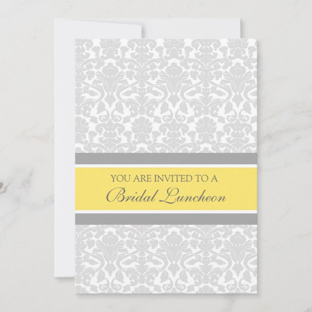 Lemon Grey Damask Bridal Lunch Invitation Cards (Front)