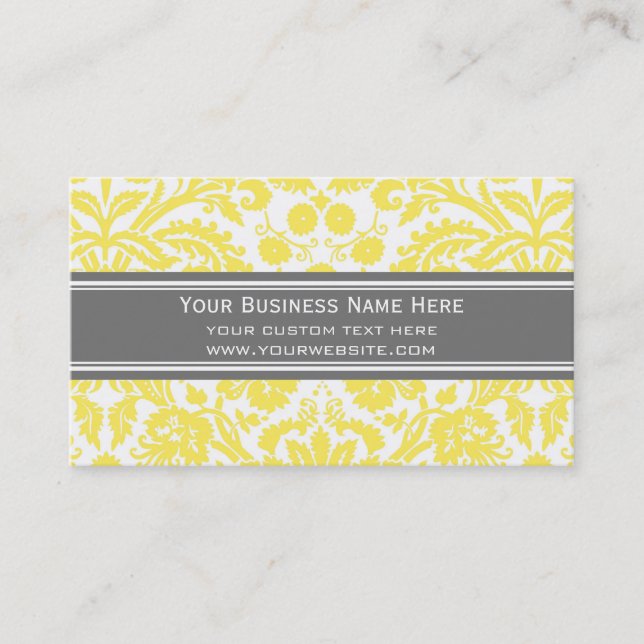 Lemon Grey Damask Floral Business Cards (Front)