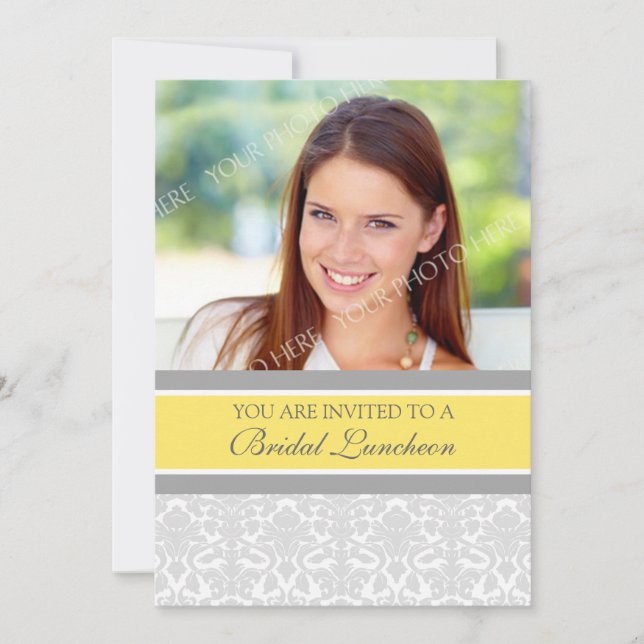 Lemon Grey Damask Photo Bridal Luncheon Invitation (Front)