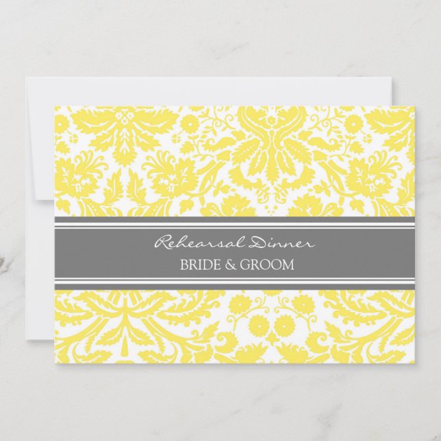 Lemon Grey Damask Rehearsal Dinner Party Invitation (Front)