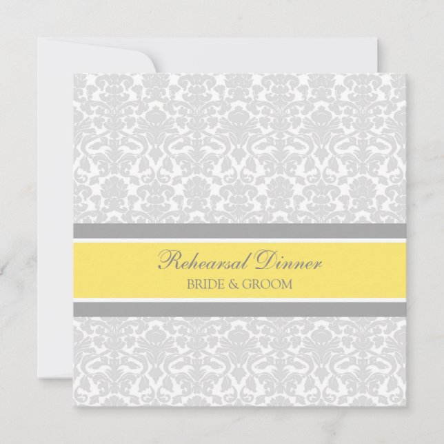 Lemon Grey Damask Rehearsal Dinner Party Invitation (Front)