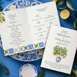 Lemon Grove Italian Countryside Wedding Program<br><div class="desc">Lemon Grove wedding program with order of ceremony, order of events timeline, wedding party and thank you note. Folded card decorated with a lemon tree, blue and yellow Mediterranean tiles and a branch of lemons with greenery and blossom flowers. Perfect for a lemon wedding theme, Italian inspired wedding, rustic Mediterranean...</div>