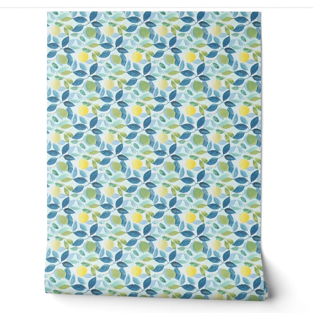 Lemon Grove Mini Blue, Green, Yellow Organic Mod Wallpaper (Unrolling)