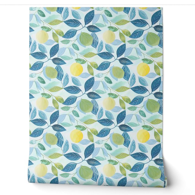 Lemon Grove Petite - Blue, Green, Yellow - Organic Wallpaper (Unrolling)