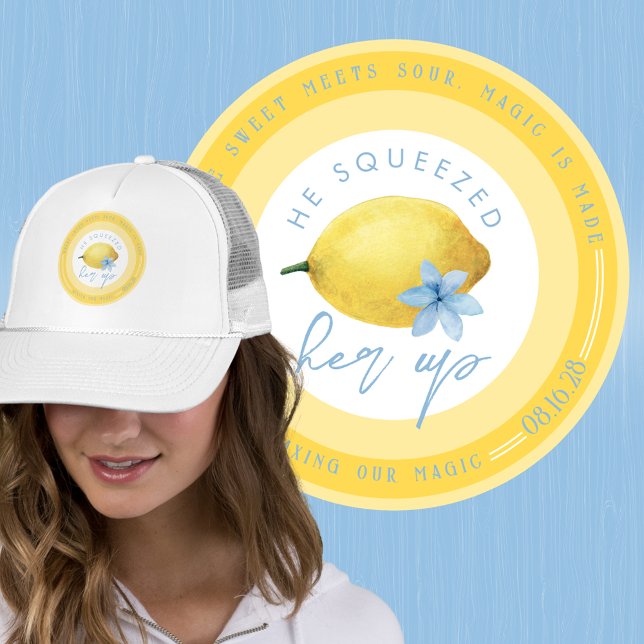 Lemon He Squeezed Her Up Trucker Hat (This hat is perfect for your engagement photos, save the dates, or as an accessory for bridal shower)