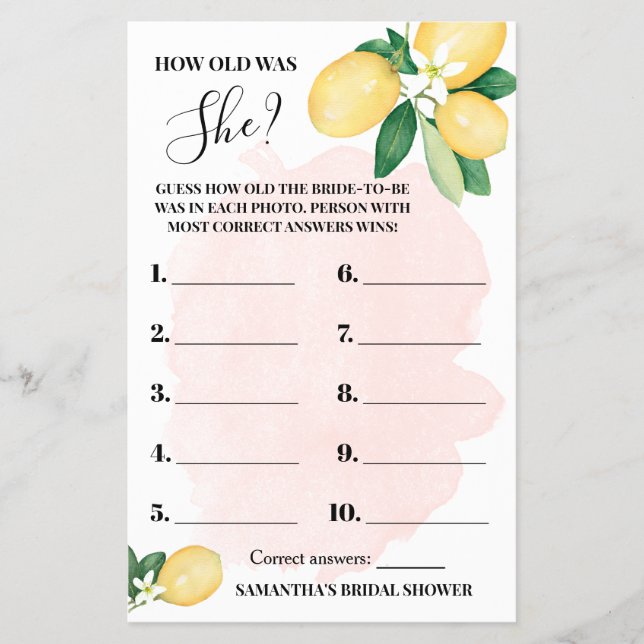 Lemon How old was She Pink Bridal Shower Game Card (Front)