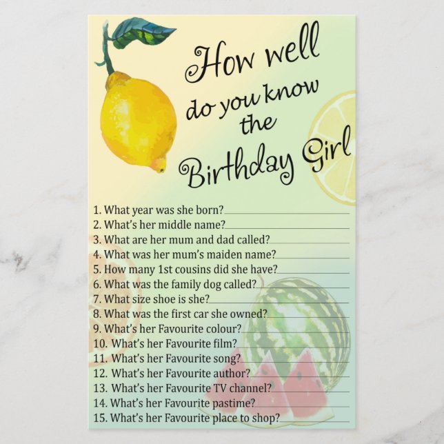 Lemon How well do you know the birthday girl (Front)