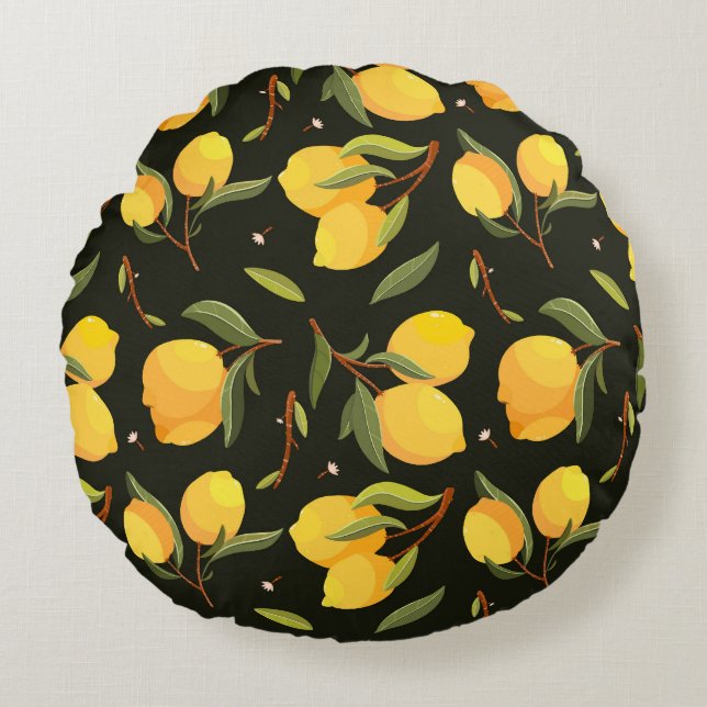Lemon Illustration: Handpainted Seamless Pattern. Round Pillow (Front)