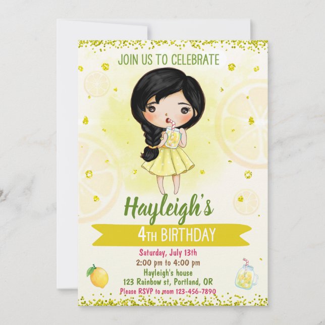 Lemon invitation Summer birthday invitation girl (Front)
