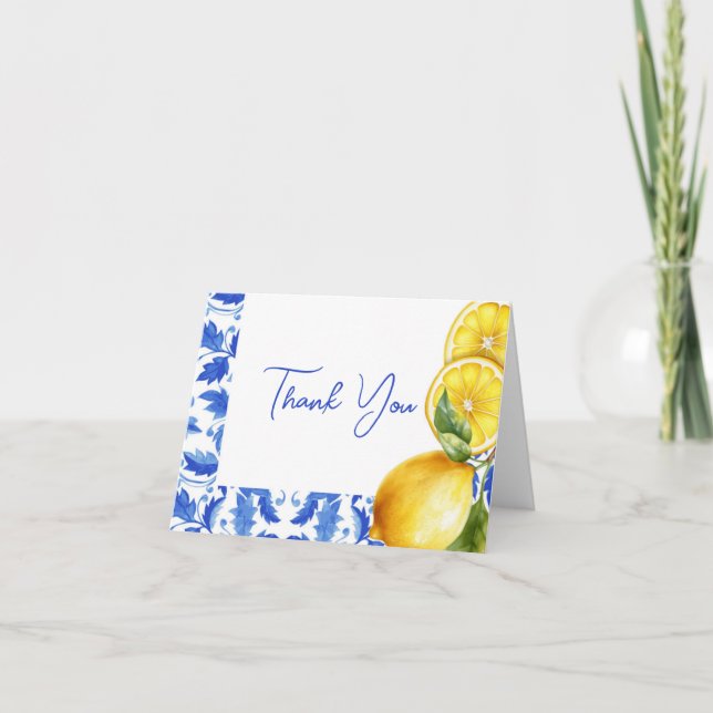 Lemon Italian Amalfi Blue Tile Baby Shower Thank You Card (Front)