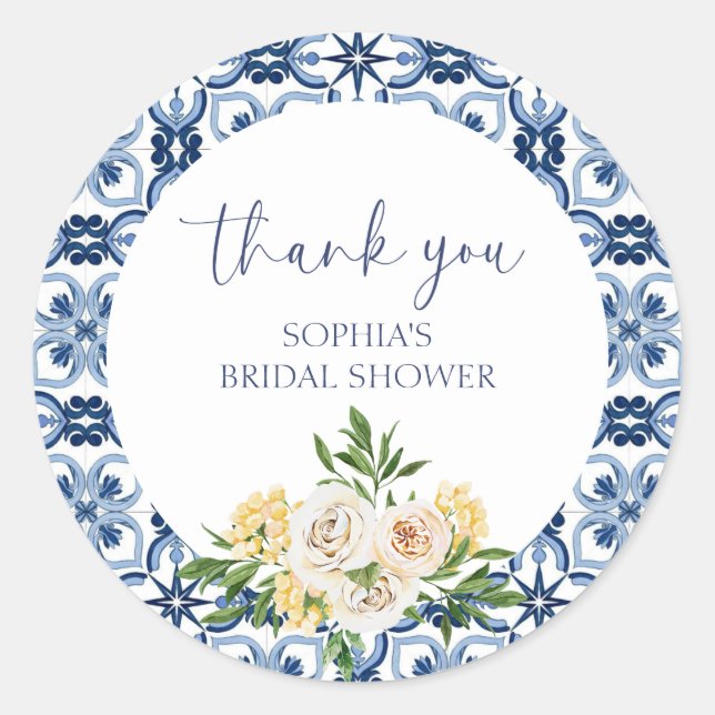Lemon Italian Blue Tile Wedding Thank You Sticker (Front)