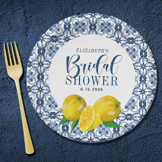 Lemon Italian Blue Tile Wedding Thank You Sticker Paper Plate