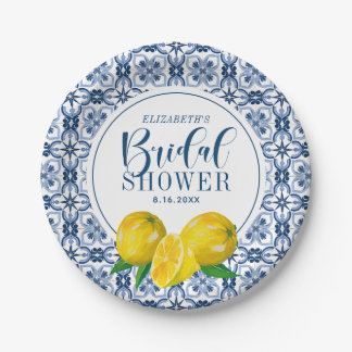 Lemon Italian Blue Tile Wedding Thank You Sticker Paper Plate