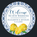 Lemon Italian Blue Tile Wedding Welcome Sticker<br><div class="desc">A pretty welcome sticker decorated with lemons and Italian blue tile. Perfect to welcome your wedding guests Designed for you by Blackberry Boulevard.</div>