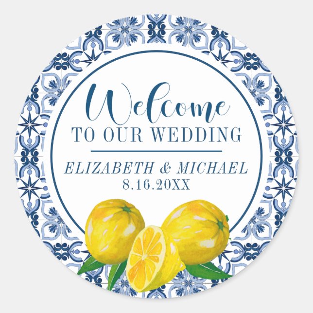 Lemon Italian Blue Tile Wedding Welcome Sticker (Front)