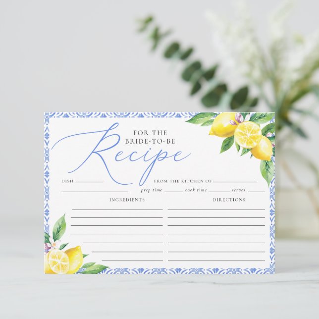 Lemon Italian Positano Blue Recipe for the Bride Enclosure Card (Standing Front)