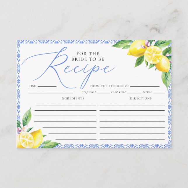 Lemon Italian Positano Blue Recipe for the Bride Enclosure Card (Front)