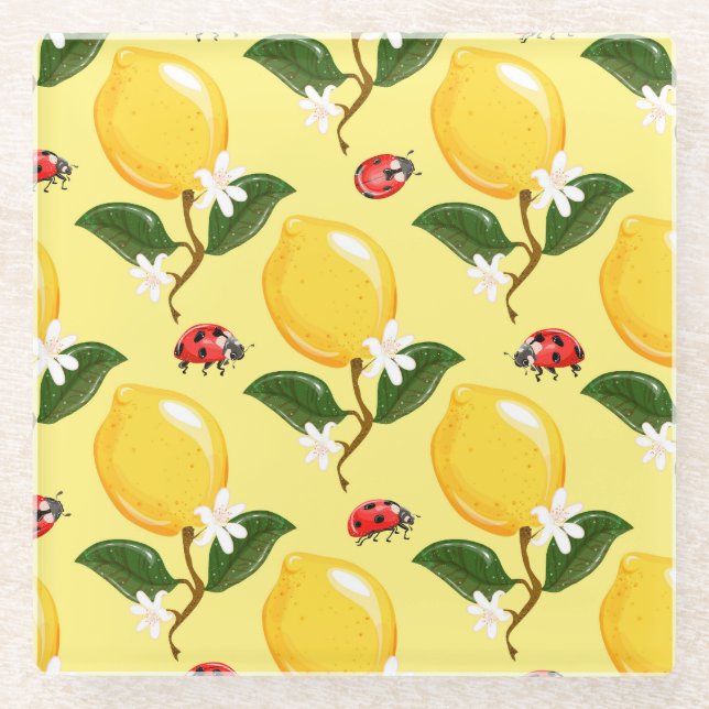 Lemon Ladybug: Tropical Yellow Pattern. Glass Coaster (Front)