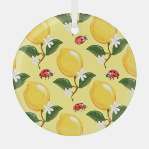 Lemon Ladybug: Tropical Yellow Pattern. Glass Ornament