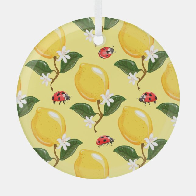 Lemon Ladybug: Tropical Yellow Pattern. Glass Ornament (Front)