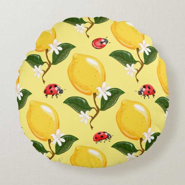 Lemon Ladybug: Tropical Yellow Pattern. Round Pillow (Front)