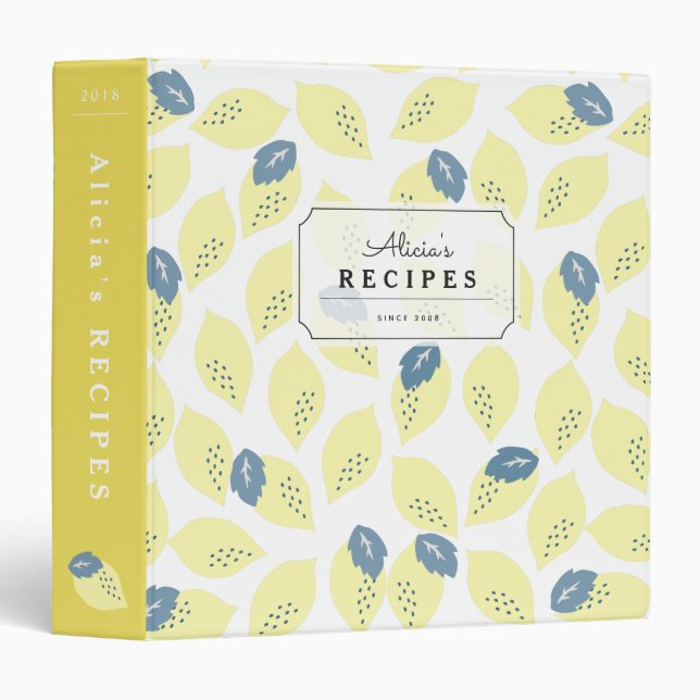 Lemon & Leaf Pattern Yellow Recipe Binder Book (Front/Spine)