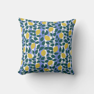 Lemon & Leaf Stripe Blue Botanical Summer Throw Pillow