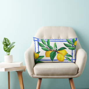 Lemon Leaves Citrus Yellow Green Leaf Blue Lattice Lumbar Pillow
